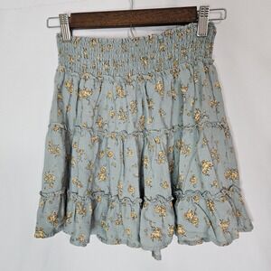 Tiered Mini Skirt Womens Small Sage Green Excellent Floral Smocked Boho Cottage